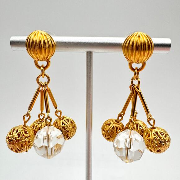 Vintage Liz Claiborne Filigree Ball Lucite Bead Drop Earrings Matte Gold Tone - Picture 1 of 12